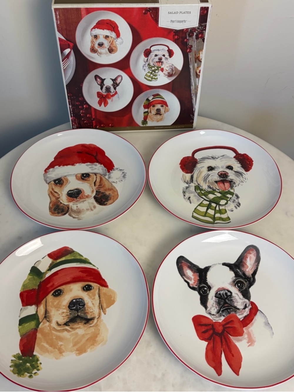 Pier 1 Imports Christmas Puppies Dogs Holiday 8'' Dessert Salad Plates Set of 4